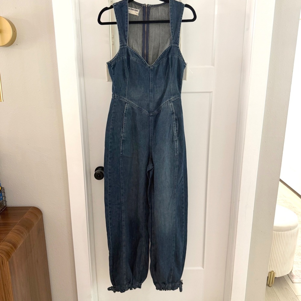 Free People We The Free Match Point Denim Jumpsuit Dark Wash XS Overalls Boho